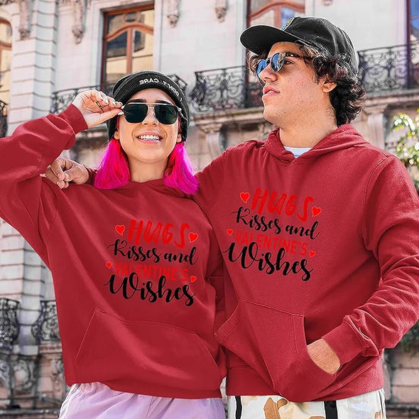 Hugs Kisses And Valentine Wishes Hoodies, Pullover Hoodies, For Couples, Printed Couple Hoodies