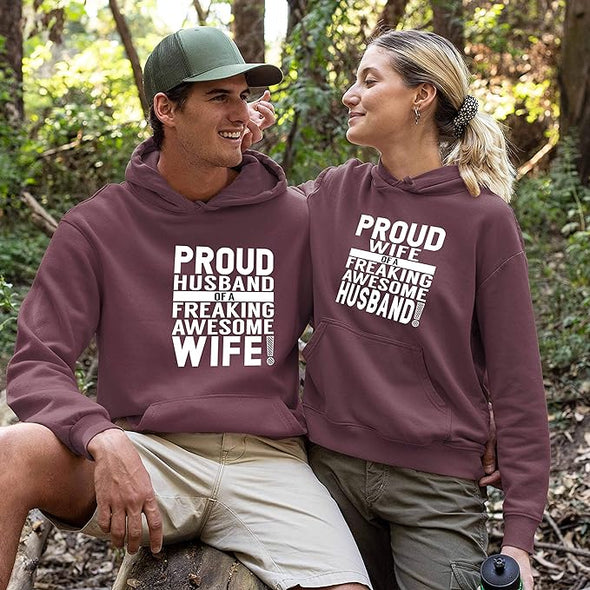 Proud Wife Husband, Cotton Hoodies For Couples, kangaroo pocket