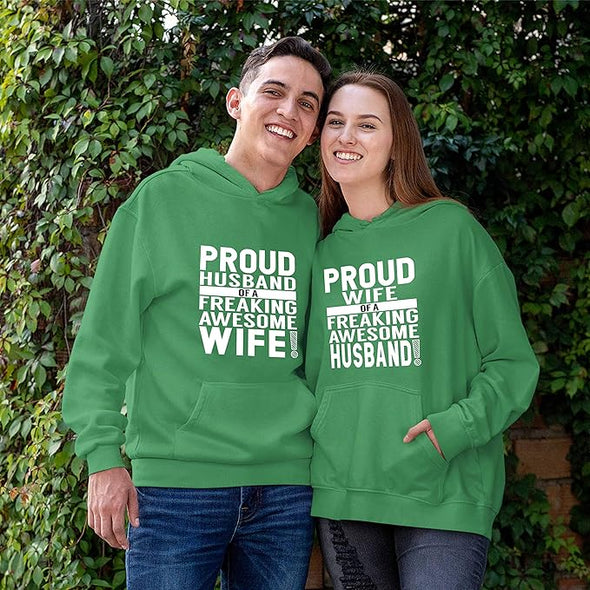 Proud Wife Husband, Cotton Hoodies For Couples, kangaroo pocket