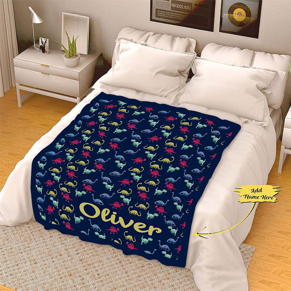 Customized Name Blanket for Kids, Cute Dinosaur Design Print, Gift from Family, Friends, Relatives for Birthday, Thanksgiving, Christmas, Festivals Proudly Printed in USA Fleece or Sherpa Blanket