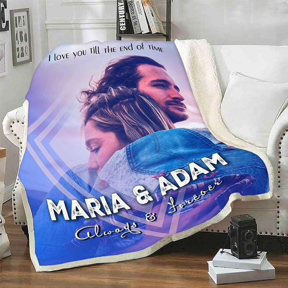 Custom Photo Blanket with Custom Name and Image, I Love You Till The End of Time, Always and Forever, Couple Gift For Birthday, Anniversary, Valentine's Day, Print in USA Fleece Blanket