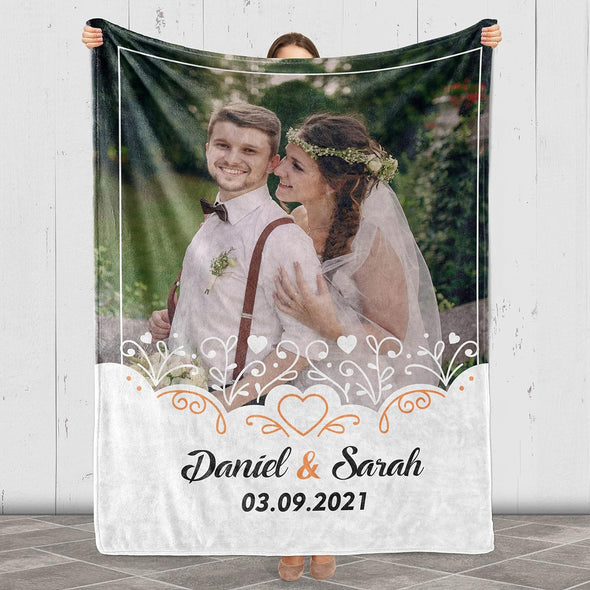 Custom Photo Blanket Personalized Gift for Couples, Customized Names, Photo and Date, On Birthday, Anniversary, Valentine's Day Gift, Printed in USA, Fleece Sherpa Woven Blanket