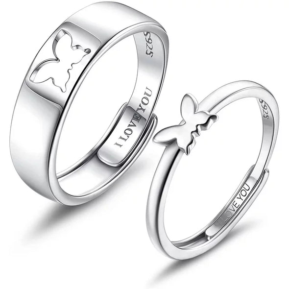Matching Rings for Couples Sterling Silver Matching Heart Promise Rings I Love You Engagement Wedding Ring Sets for Him and Her Adjustable Butterfly Matching Rings