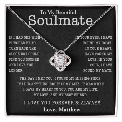 TO MY SOULMATE, LOVE KNOT NECKACLE, BEAUTIFUL GIFT FOR HER WITH MESSAGE CARD. BIRTHDAY AND ANNIVERSARY GIFT FOR WIFE/GIRLFRIEND