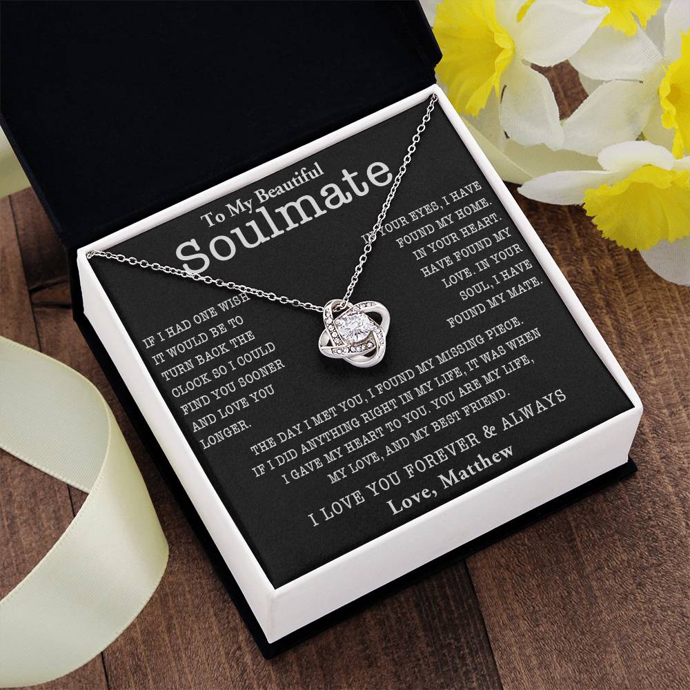 TO MY SOULMATE, LOVE KNOT NECKACLE, BEAUTIFUL GIFT FOR HER WITH MESSAGE CARD. BIRTHDAY AND ANNIVERSARY GIFT FOR WIFE/GIRLFRIEND