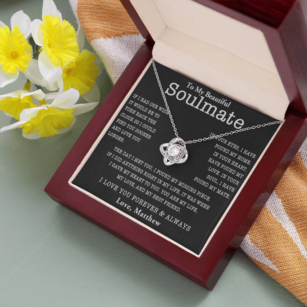 TO MY SOULMATE, LOVE KNOT NECKACLE, BEAUTIFUL GIFT FOR HER WITH MESSAGE CARD. BIRTHDAY AND ANNIVERSARY GIFT FOR WIFE/GIRLFRIEND