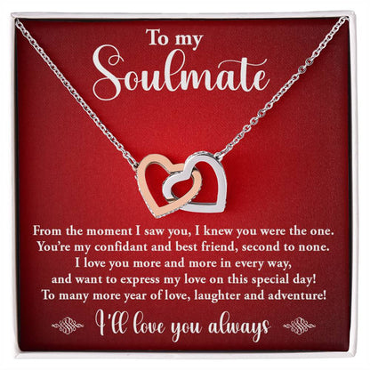 TO MY SOULMATE, I'LL LOVE YOU ALWAYS, INTERLOCKING HEART NECKLACE, BIRTHDAY AND ANNIVERSAY GIFT WITH MESSAGE CARD FOR HER