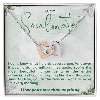 TO MY SOULMATE, INTERLOCKING HEART NECKLACE WITH MESSAGE CARD, UNIQUE GIFT FOR HER, BIRTHDAY, VALENTINE AND ANNIVERSAY GIFT FOR HER FROM HUSBAND/BOYFRIEND