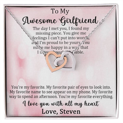 TO MY AWESOME GIRLFRIEND, I LOVE YOU WITH ALL MY HEART, INTERLOCKING HEART NECKLACE, MEANINGFUL MESSAGE CARD, GIFT FOR GIRLFRIEND