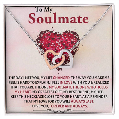 INTERLOCKING HEART NECKLACE WITH MESSAGE CARD, TO MY SOULMATE, NECKLACE JWELERY FOR HER BIRTHDAY AND ANNIVERSARY GIFT