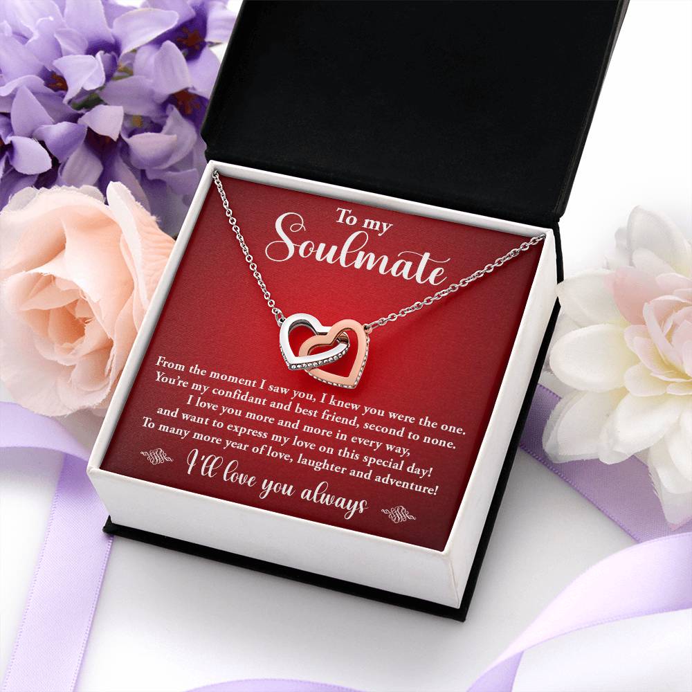 TO MY SOULMATE, I'LL LOVE YOU ALWAYS, INTERLOCKING HEART NECKLACE, BIRTHDAY AND ANNIVERSAY GIFT WITH MESSAGE CARD FOR HER