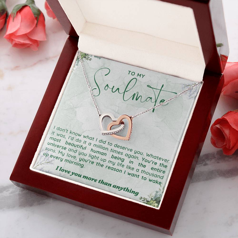 TO MY SOULMATE, INTERLOCKING HEART NECKLACE WITH MESSAGE CARD, UNIQUE GIFT FOR HER, BIRTHDAY, VALENTINE AND ANNIVERSAY GIFT FOR HER FROM HUSBAND/BOYFRIEND