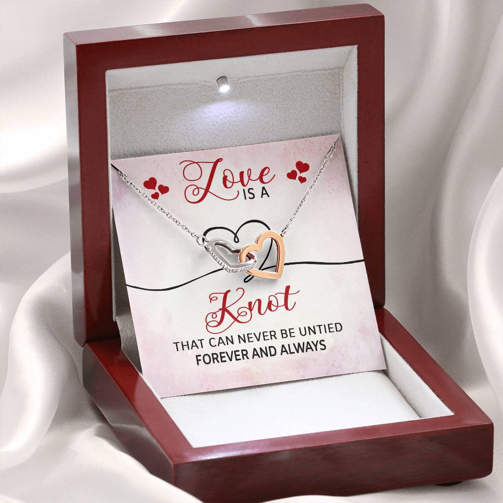 LOVE IS A KNOT, INTERLOCKING HEART NECKLACE, FOREVER AND ALWAYS, BIRTHDAY AND ANNIVERSARY GIFT FOR HER WITH MESSAGE CARD