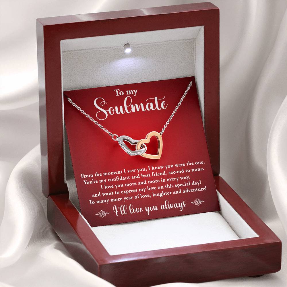 TO MY SOULMATE, I'LL LOVE YOU ALWAYS, INTERLOCKING HEART NECKLACE, BIRTHDAY AND ANNIVERSAY GIFT WITH MESSAGE CARD FOR HER