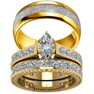 Couple Rings Yellow Gold Plated 2 CT CZ Wedding Ring Couple Sets Titanium Ring