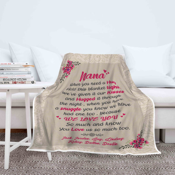"This Blanket Has Our Hugs & Kisses"  Nana/Papa/Dad/Grandpa/Grandma/Mom/Grandpa & Grandma Customized Blanket With Grand Kids/Kids Name