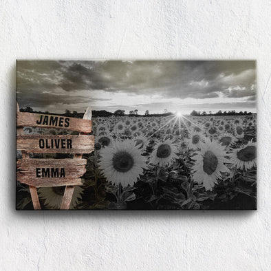Sunflower Field Black And White Custom Canvas With Multi Names