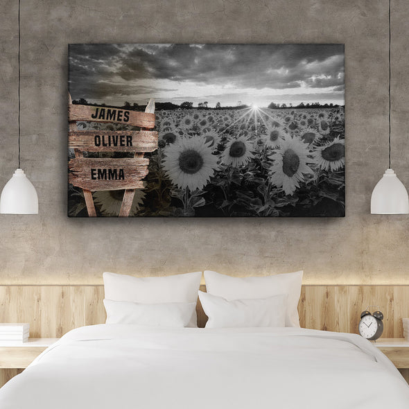 Sunflower Field Black And White Custom Canvas With Multi Names