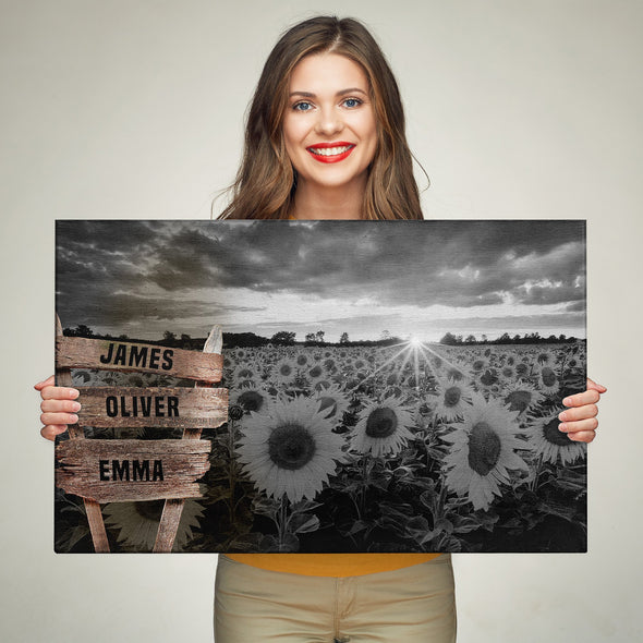 Sunflower Field Black And White Custom Canvas With Multi Names