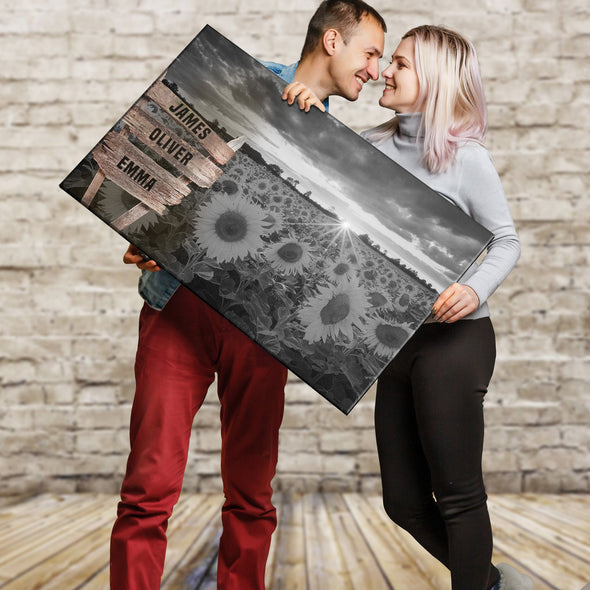 Sunflower Field Black And White Custom Canvas With Multi Names