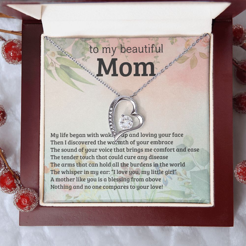 TO MY BEAUTIFUL MOM, FOREVER LOVE NECKLACE WITH MESSAGE CARD FOR MOM, BIRTHDAY, MOTHER'S DAY GIFT FOR HER