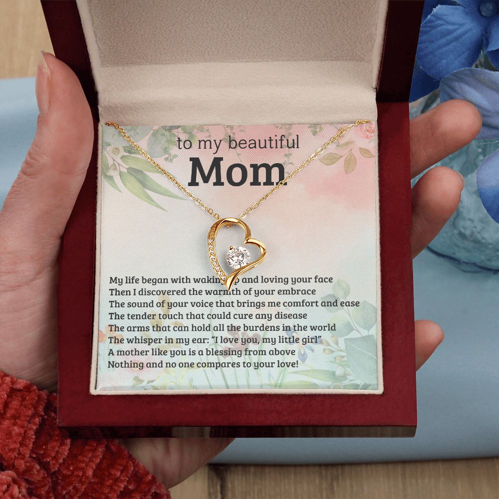 TO MY BEAUTIFUL MOM, FOREVER LOVE NECKLACE WITH MESSAGE CARD FOR MOM, BIRTHDAY, MOTHER'S DAY GIFT FOR HER