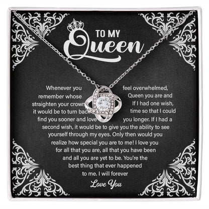 TO MY QUEEN, LOVE KNOT NECKLACE WITH MESSAGE CARD, GIFT FOR WIFE/SOULMATE, BIRTHDAY GIFT FOR HER