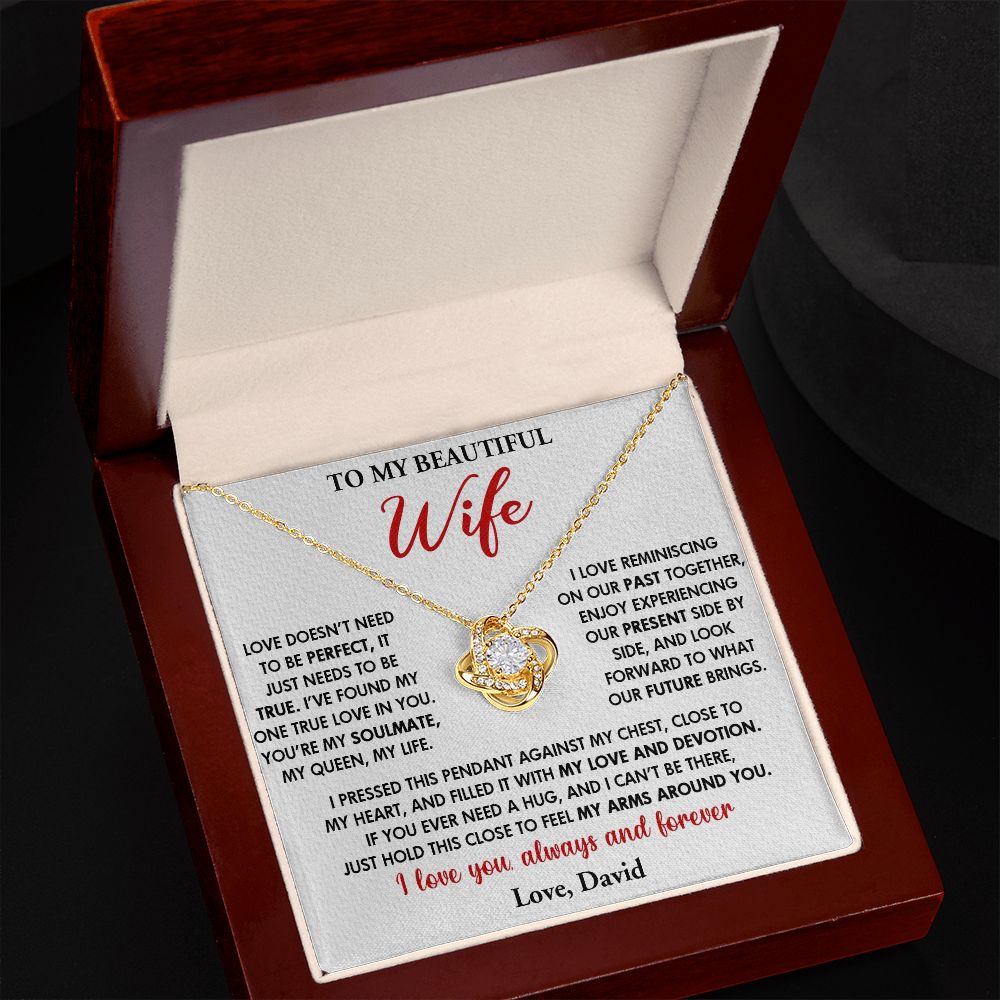 TO MY BEAUTIFUL WIFE, LOVE KNOT NECKLACE WITH CUSTOM NAME MESSAGE CARD, GIFT FOR WIFE/SOULMATE, BIRTHDAY GIFT FOR HER