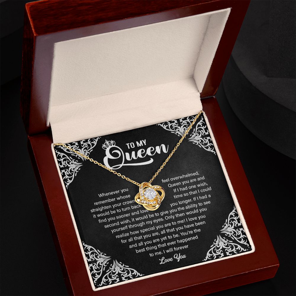 TO MY QUEEN, LOVE KNOT NECKLACE WITH MESSAGE CARD, GIFT FOR WIFE/SOULMATE, BIRTHDAY GIFT FOR HER