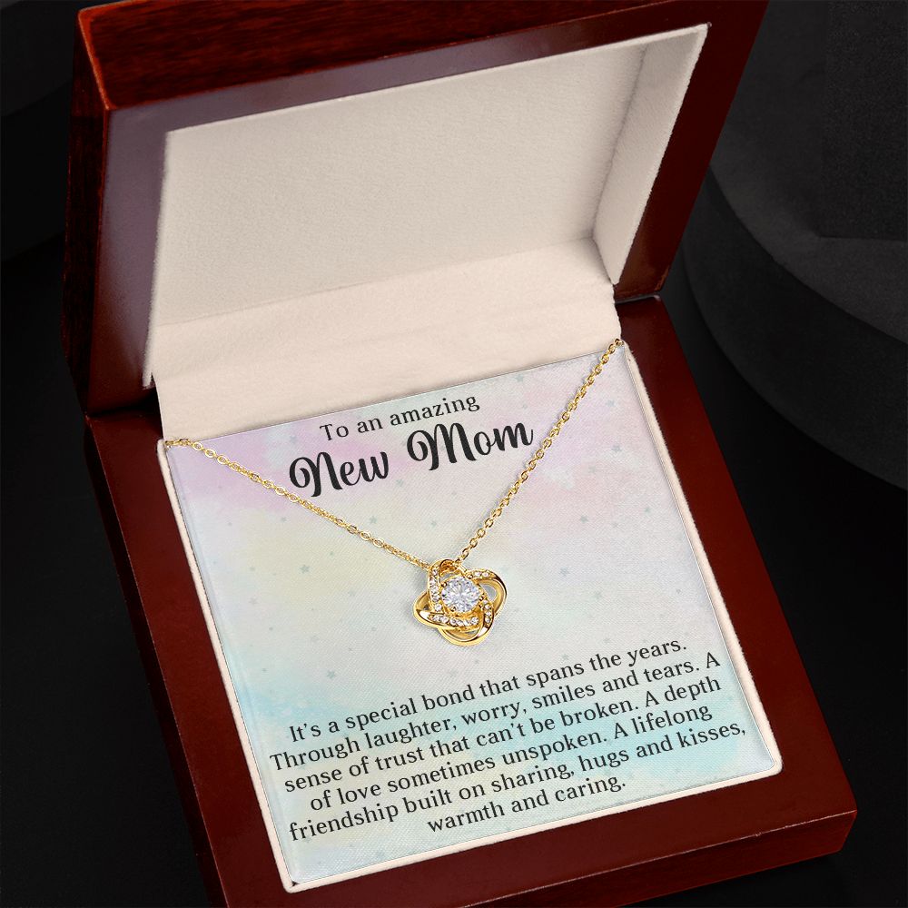 TO AN AMAZING NEW MOM, LOVE KNOT NECKLACE FOR MOMMY TO BE, GIFT FOR NEW MOM, BIRTHDAY, MOTHER'S DAY GIFT FOR HER, NECKLACE WITH MESSAGE CARD