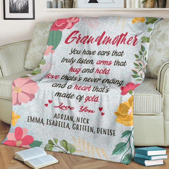 Personalized Grandma Premium Blanket "Love That's Never Ending, and A Heart That's made of Gold"