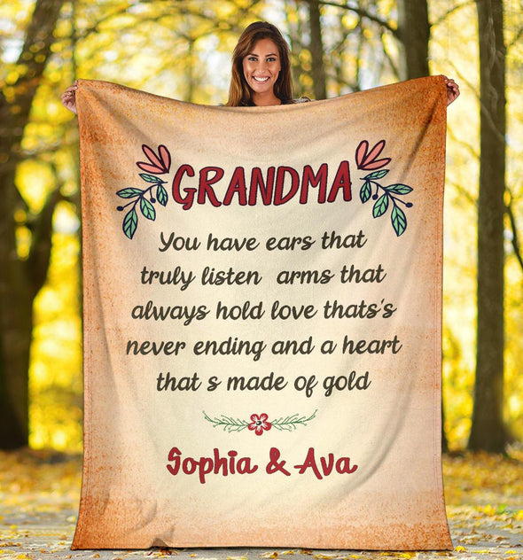 Personalized Grandma Premium Blanket, "You have ears that truly listen Arms That Always hold"