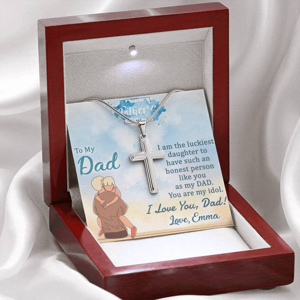 Jewelry To My Dad, I am The Luckiest Daughter, Custom Cross Necklace, Anniversary, Christmas, Gift Ideas For Him, Silver Necklace With Message Card, Happy Father's Day