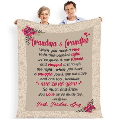 "This Blanket Has Our Hugs & Kisses"  Nana/Papa/Dad/Grandpa/Grandma/Mom/Grandpa & Grandma Customized Blanket With Grand Kids/Kids Name